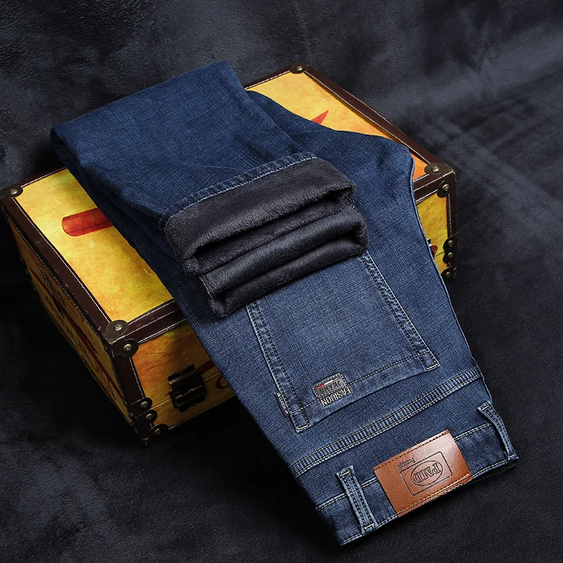 

QUANBO 2019 new autumn winter men's plus velvet jeans men's stretch business casual high waist denim pants straight thick jeans