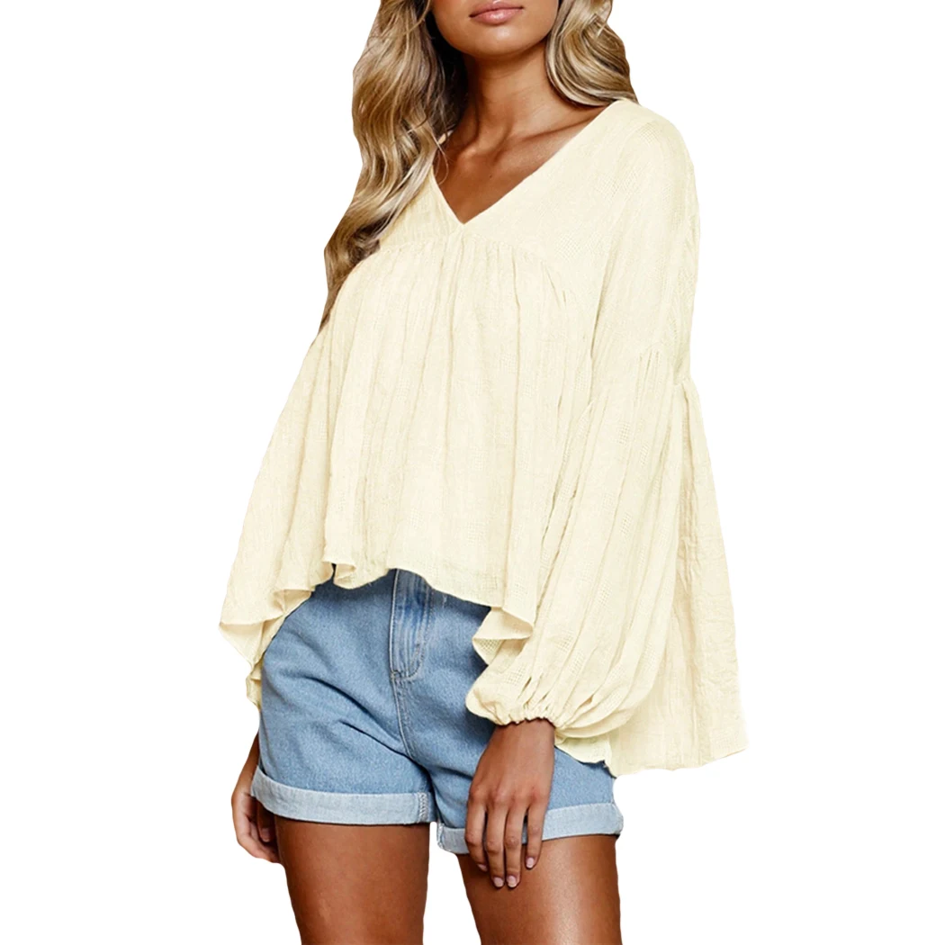

Women Tops And Blouses Casual V-Neck Solid Loose Shirts Lantern Sleeve Tops 2019 Autumn Loose Top Tunic Elegent Ladies Blusas