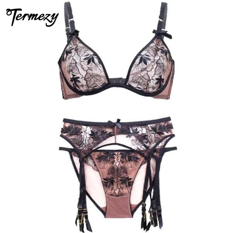 

TERMEZY Women Underwear Lingerie Sets Sexy Bra & Brief Sets Ultra-thin Push up Transparent Lace Embroidery Gather Bra Sets