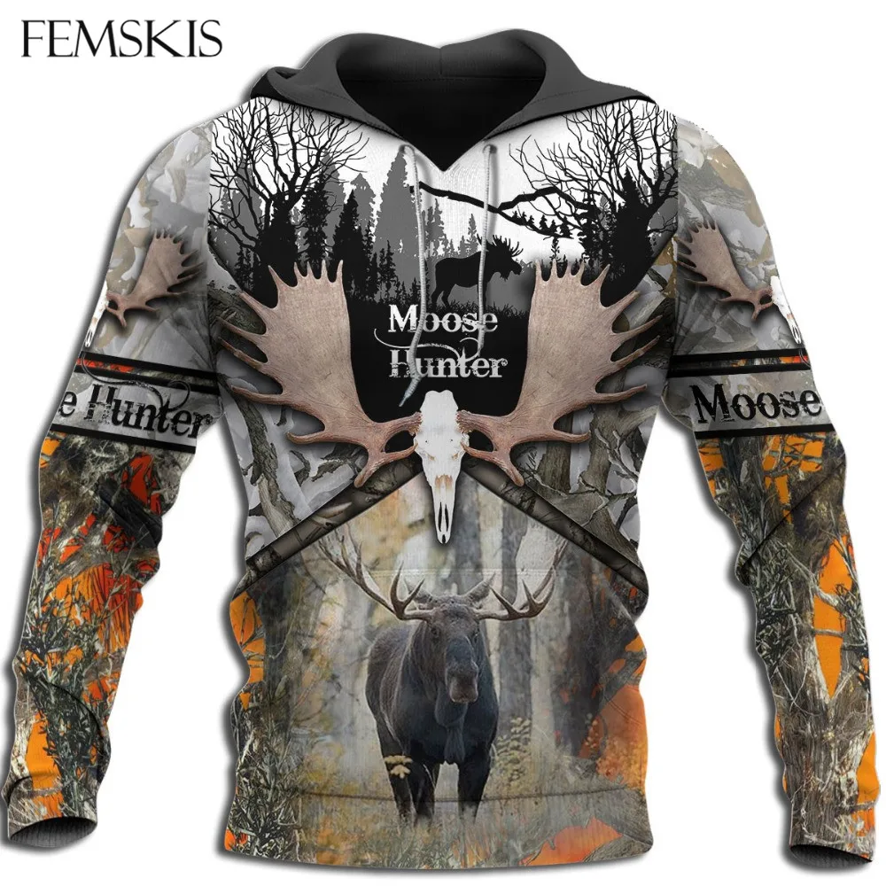 

FEMSKIS Moose Hunting 3D Print Men Hoodies Harajuku Fashion Hooded Women Long Sleeve Pullovers Unisex Streetwear Top Sweatshirt