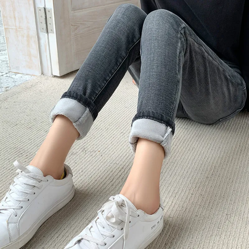 Kopen Hoge Taille Warm Jeans Voor Vrouwen Blauw Vrouwelijke grijs Winter Jeans Vrouw Denim Broek Jean Femme 2019 Dames Broek Warm broek