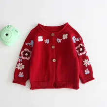Кардиган с вышивкой для маленьких девочек; вязаные свитера с цветочным узором для девочек; Новое поступление года; хлопковые топы; зимняя одежда; Возраст 2-От 0 до 3 лет