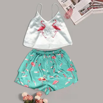 

2 Pieces Set Pajamas For woman Silk Sexy Pijamas Women Sleepwear Satin Summer Pyjama Femme V Neck Home Suit 2020 Sexy Sleepwear