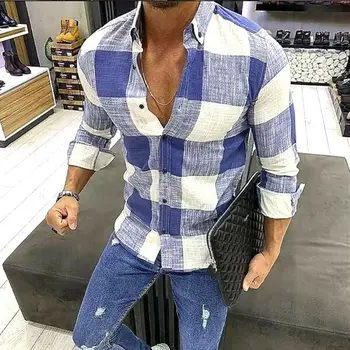 

Fashion Men's Men's Check Shirt Plaid Check Casual Cotton Linen Shirt Tops Button Down Classic Tees Shirt