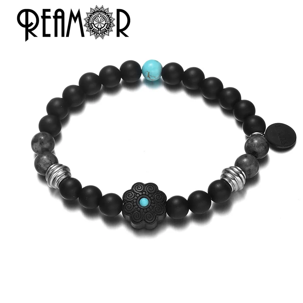 YSBK003 c REAMOR Women& Men Matte Black Volcanic Onyx Beads Charm Bracelet Engraved Wooden Beaded Bracelets With Stainless steel Tags - Окраска металла: YSBK003 c