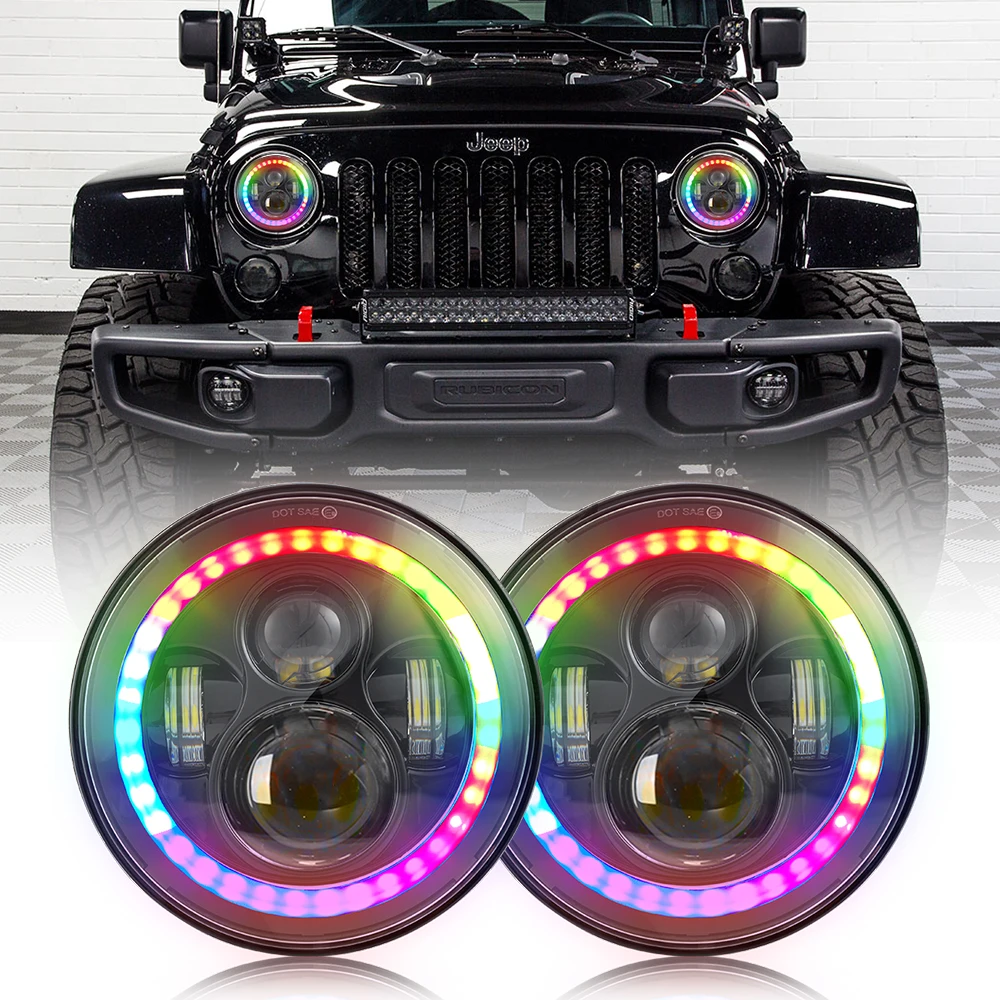 Светодиодные фары Jeep Wrangler JK 7 дюймов RGB управление Bluetooth светодиодное кольцо