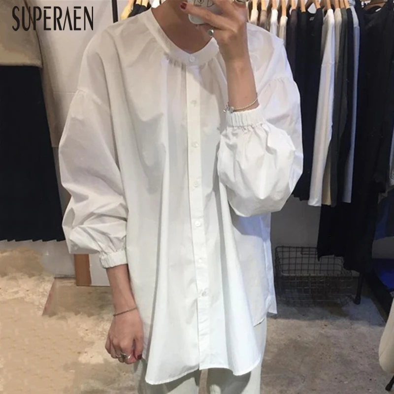 SuperAen, корейский стиль, женские рубашки, хлопок, дикие, повседневные, круглый вырез, однобортные, женские блузки и топы, одноцветные, новинка