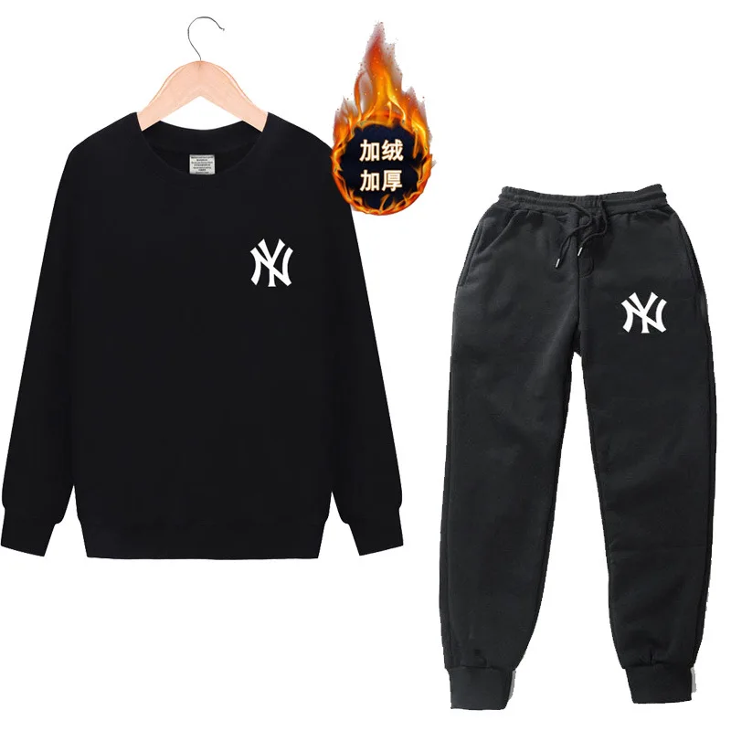 

Hot Selling Autumn And Winter New Style round Neck Sweater Sweatpants Set plus Velvet Casual Thermal Suit
