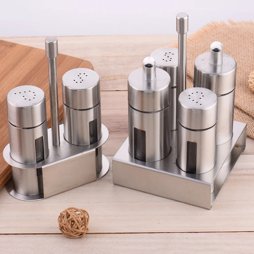 

Castor Stainless Steel Salt Pepper Shaker Set Odor-Free Spice With Stand Condiment Box Cooking Seasoning Bottle Kitchen Tools