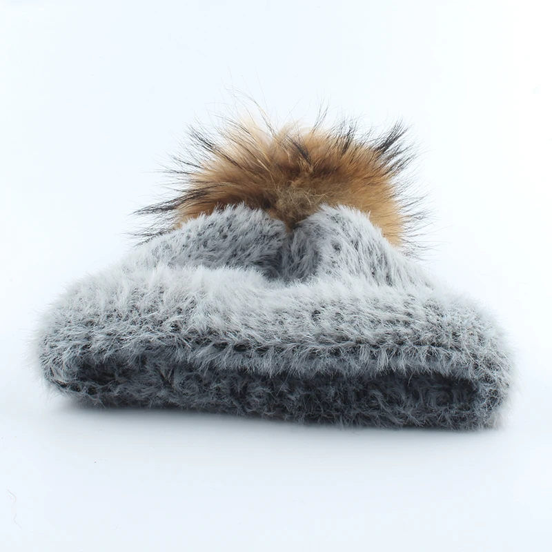 Зимние шапки для женщин норковая меховая шапка Skullies Beanies дамы настоящий помпон из меха енота вязанная теплая шапка шерстяная круглая шапочка