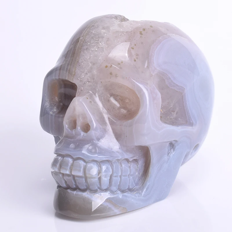 3.5''Natural Geode Agate Skull Statue Crystal Mineral Stone Skull Figurine Carved Head Bone Feng Shui Collection