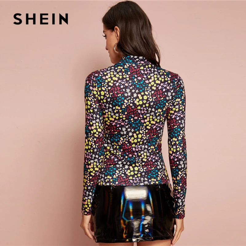 SHEIN, многоцветная Футболка с воротником-стойкой и цветочным принтом, Женская Осенняя футболка с коротким рукавом, офисные женские эластичные облегающие футболки