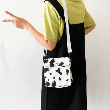 

Women Canvas Shoulder Bag Cow Print Travel Daily Pocket Casual Crossbody Handbag Youth Ladies Simple Versatile Bag