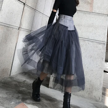 

LANMREM 2020 Asymmetric High Waist Yarn A-line Skirt Woolen Stitching Multi-layer Mesh Over The Knee Long Skirt Female PC103