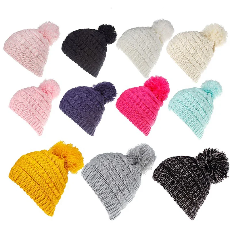 Children Knitted Girl Boy Cap Casquette Bonnet Wholesale Cute Fashion Beanie Cute Big Pompom Ball Warm Baby Winter Hat for Kids
