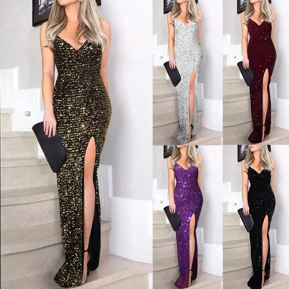 Dress Summer long dress stylish elegant lady sexy deep V neck sequins wrapped in frills sleeveless slit nightclub party dress