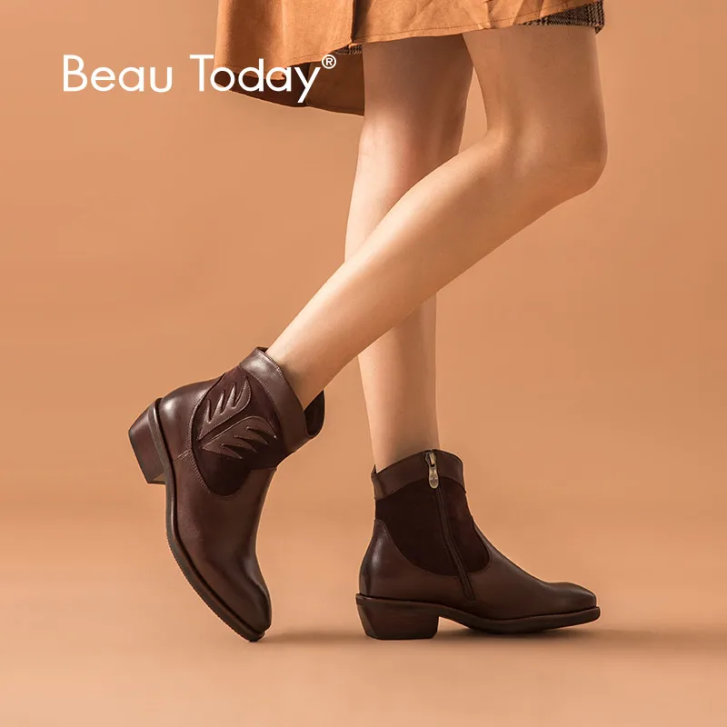 

BeauToday Ankle Boots Women Genuine Cow Leather Fretwork Side Zip Waxing Pointed Toe Autumn Winter Lady Boots Handmade 03820