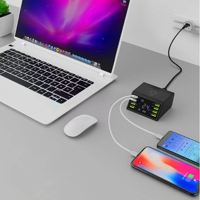 Мульти 8-портовое Беспроводное зарядное устройство USB 60 Вт светодиодный дисплей Быстрая зарядка быстрозарядная станция для iPhone 7 8 XR samsung S8 S9 S10 huawei