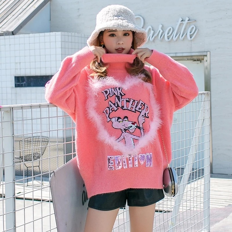 Тайская волна бренд высокий воротник теплый возраст мультфильм розовый свитер женский свободный блесток личности шикарный дикий свитер