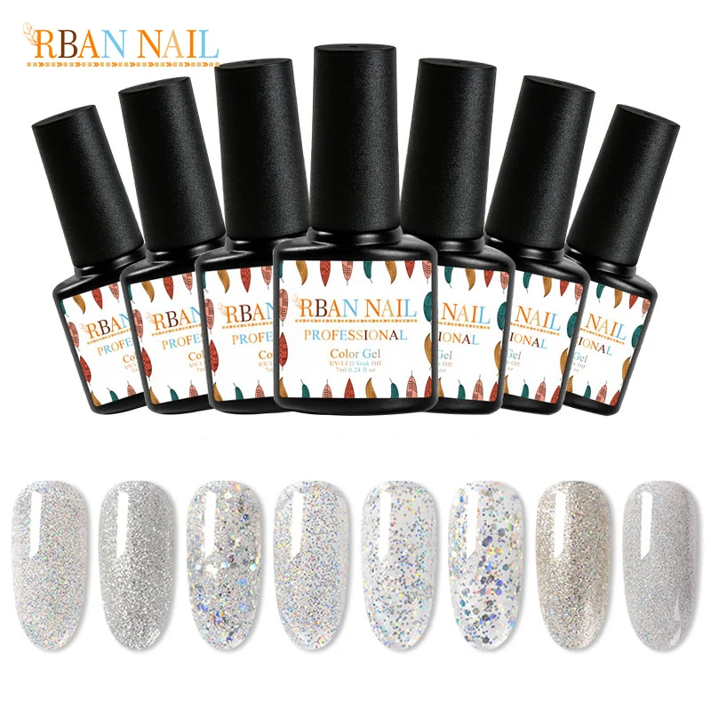 

RBAN NAIL 7ML Silver Color Set Nail Glitter Varnishes Semi Permanent Vernis Manicure Soak Off UV Gel Hybrid Gel Nail Polish