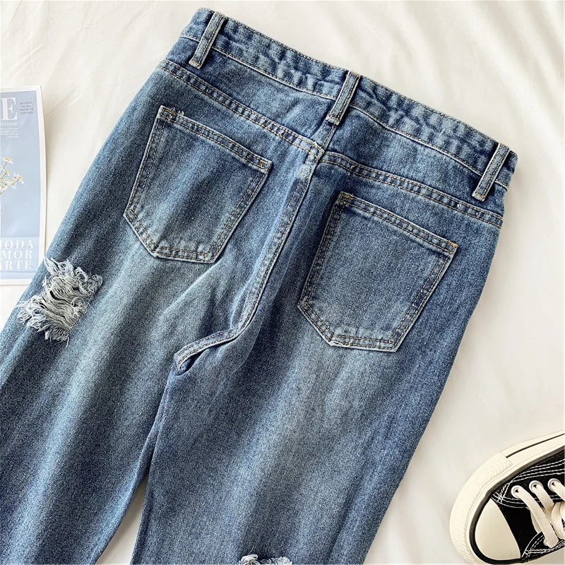 Neploe Korean Loose Trousers Straight Harem Pants Fashion Hole Striped Jeans High Waist Casual Autumn Student Deinm Pant 45988