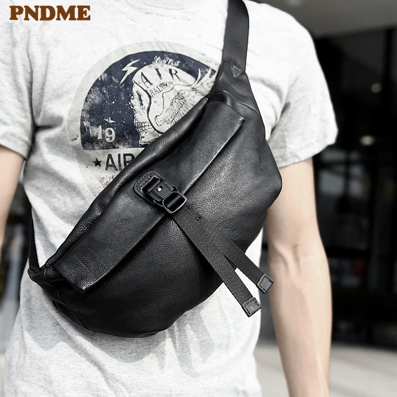PNDME, модный дизайн, натуральная кожа, Мужская нагрудная сумка в стиле casual из мягкой телячьей кожи черная сумка через плечо, высокое качество, для подростков, сумки на пояс