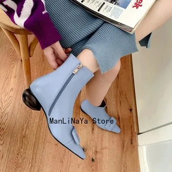 

Leather Genuine Pointed Toe Women Ankle Boots Square Buckle Decor Mid Strange Egg Heel Female Martin Shoes Winter Fashion Shoes