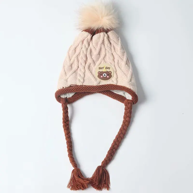 Beige Детские вязаные шапочки с героями мультфильмов для мальчиков и девочек, Высококачественная хлопковая смесь, эластичная шапка с ушами, зимняя теплая ультраплотная шапочка, шапочка - Цвет: Beige