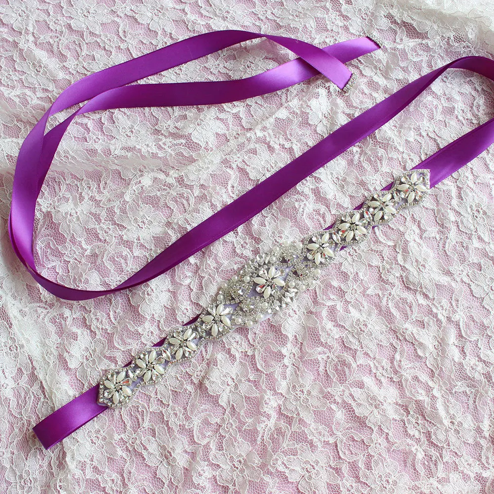 

Mingli Tengda Bride Wedding Pearl White Flower Beaded Belt Rhinestone Waist Seal Purple Accessories Dark Green Sash Casamento