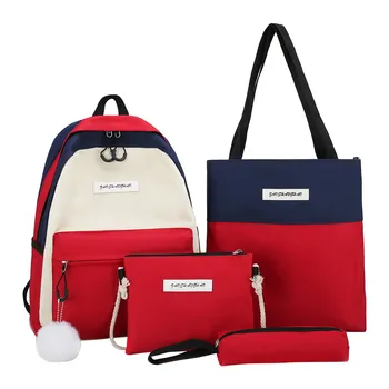 

4pcs/set Women Canvas Furball Backpacks For Teen Girls Boys School Student Book Bag Pen Purse Sac A Dos Femme #T2G