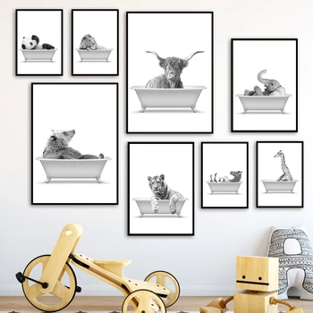 

Bathtub animal Bathroom toilet Wall Art Print Canvas Painting Lion elephant zebra Nordic Poster Decor Pictures For Living Room
