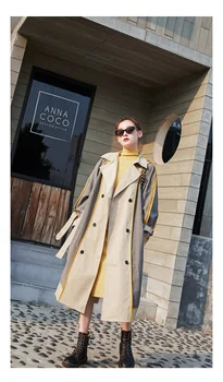 

Original Design 2020 Spring Autumn Patchwork Plaid Double Breasted Trench Women Loose Long Wind Coats