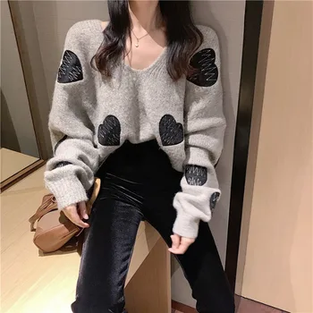 

Mohair Long Sleeve Sweater Girl 2020 Women Black Heart Big V-neck Pullover Sweater Sexy Embroidered Wearing Lady Lazy Blouse Top