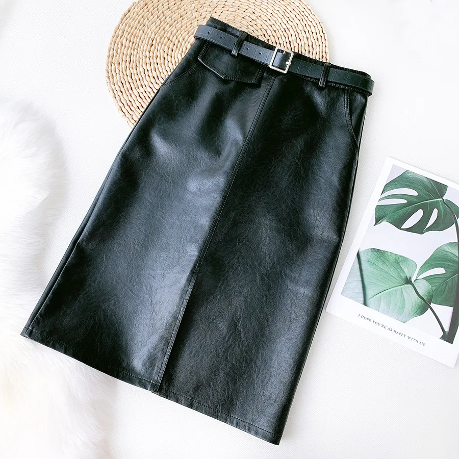 Autumn Black Faux Leather Midi Pencil Skirts with Belt Front Split Retro Slim Temperament Knee Length OL PU Leather Skirts