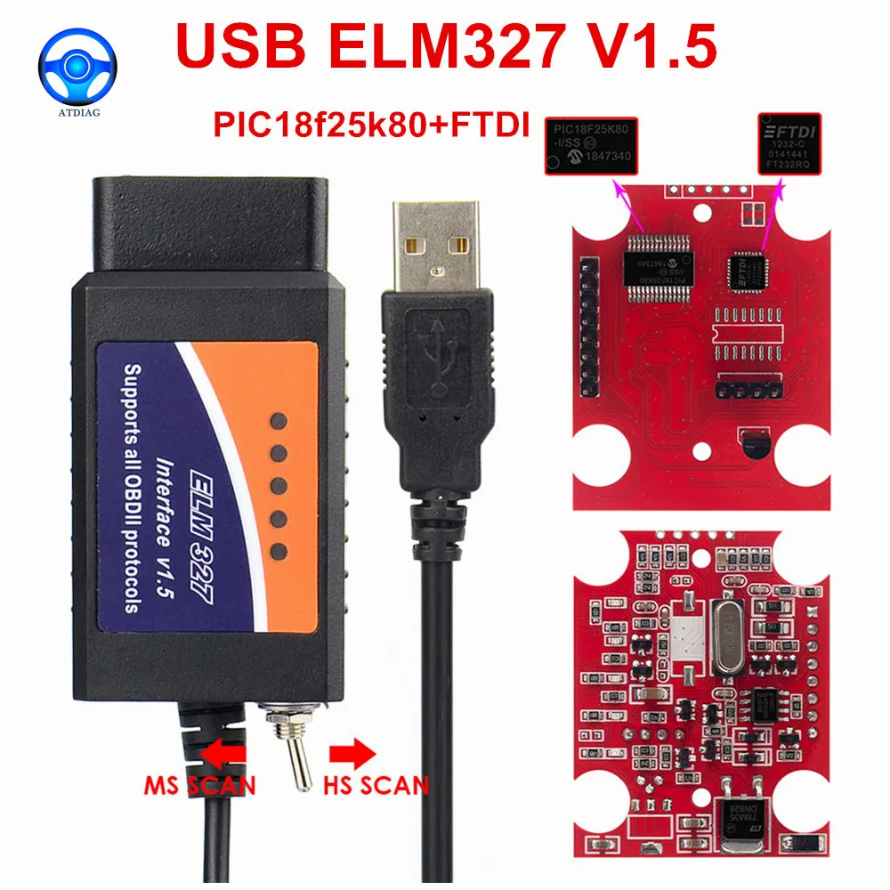 2023 Originale Elm327 Usb Ftdi Pic18F25K80 Con Switch Code Scanner Hs Can E Ms Can Super Mini Elm327 Obd2 V1.5 Bluetooth
