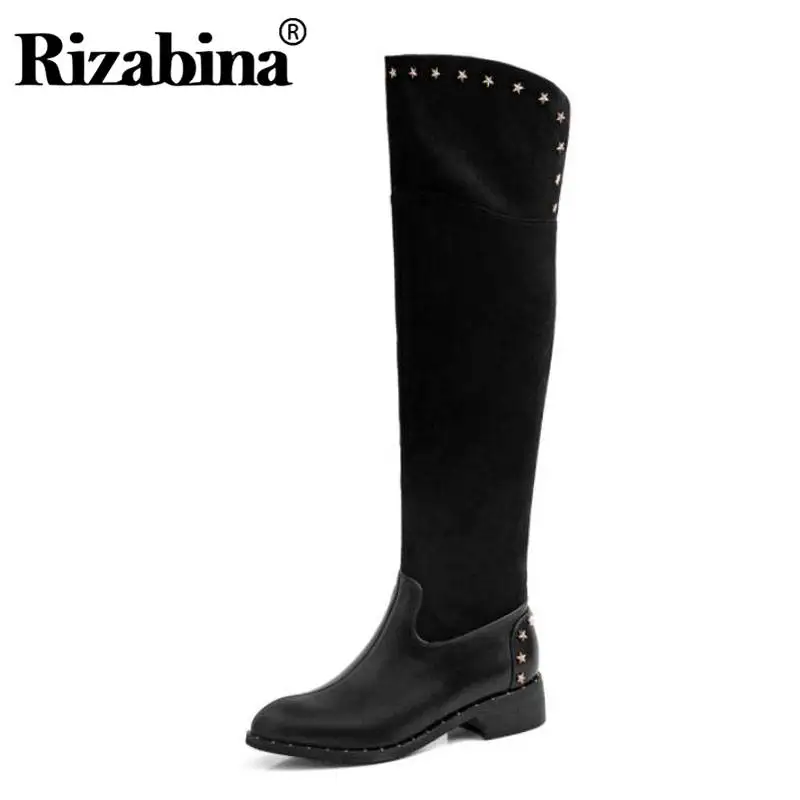 

RIZABINA Women Over Knee Boots Real Leather Winter Keep Warm Low Heel Shoes Women Fashion Rivets Thigh High Boots Size 33-40