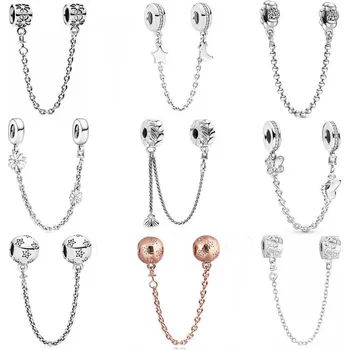 

DIY Charms Moon Star Two Decorative Butterflies Daisy Flower Safety Chain 925 Sterling Silver Bead Fit Original Bracelet Jewelry