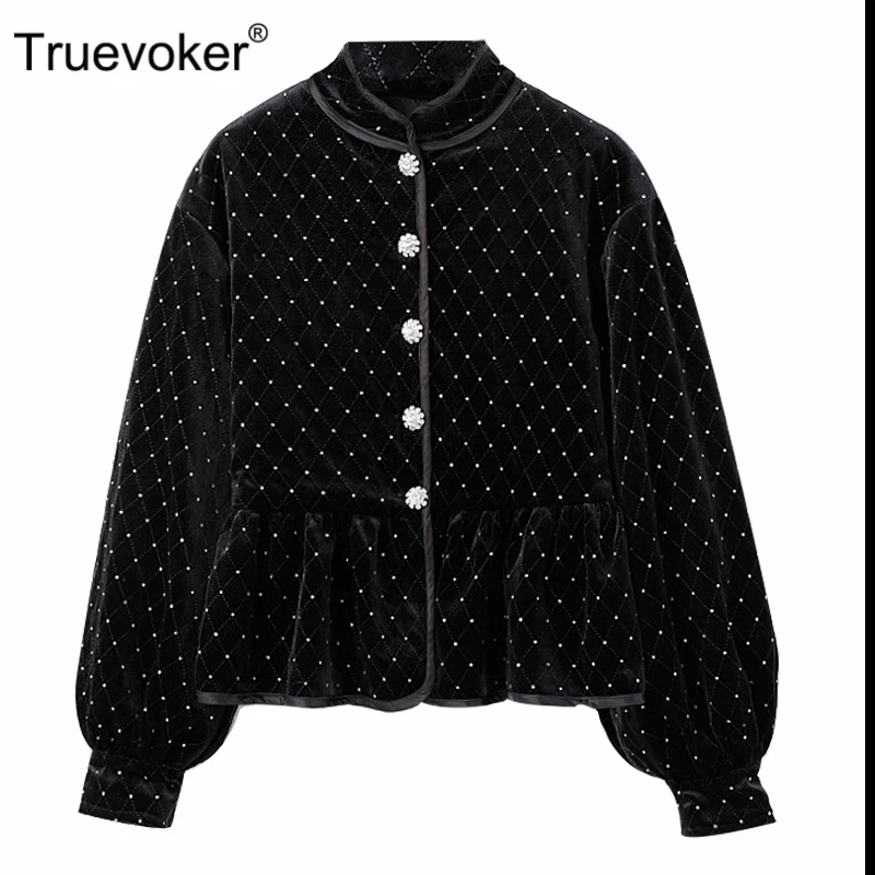 

Truevoker Winter Designer Velvet Jacket Women's High Quality Full Sleeve Stand Collar Diamond Crystal Buttons Velour Outerwear