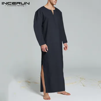 

INCERUN Vintage Men Cotton Robes Homewear Solid Color Sleepwear Long Sleeve V Neck Pockets Bathrobes Loose Cozy Men's Nightgown