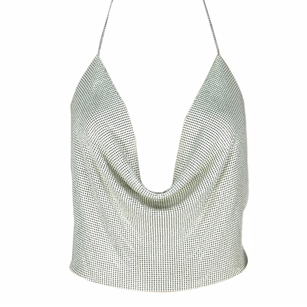 Женский сексуальный камзол с v-образным вырезом, Холтер, открытая спина, цепь, расшитая блестками, майка, укороченный топ, женский Спагетти, Одноцветный, сексуальная клубная одежда, подарки