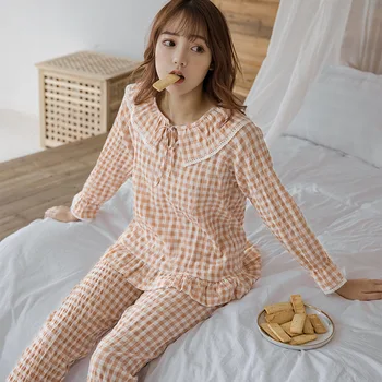 

Plaid Pajamas Suits Women's Long Sleeve Shirt&Pants Set Doll collar Cotton Nightwear Spring Autumn New Pijamas Casual Home Wear
