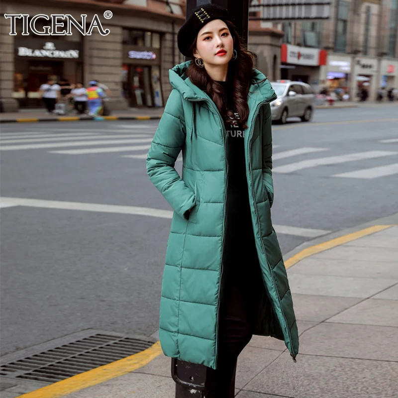 

TIGENA Long Winter Jakcet Coat Women with Hooded 2019 Thicken Warm Down Cotton Padded Parka For Women Winte Coat Female Green