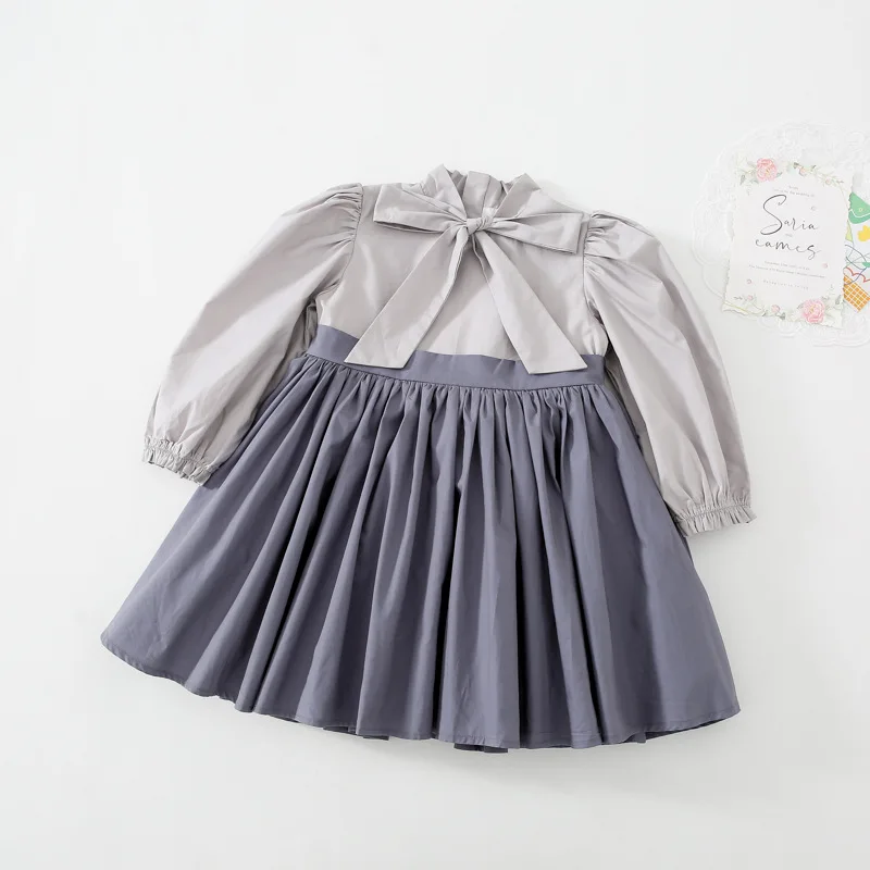 

Spring autumn new children's stitching college dress girls bow casual dress gray girls princess clothes