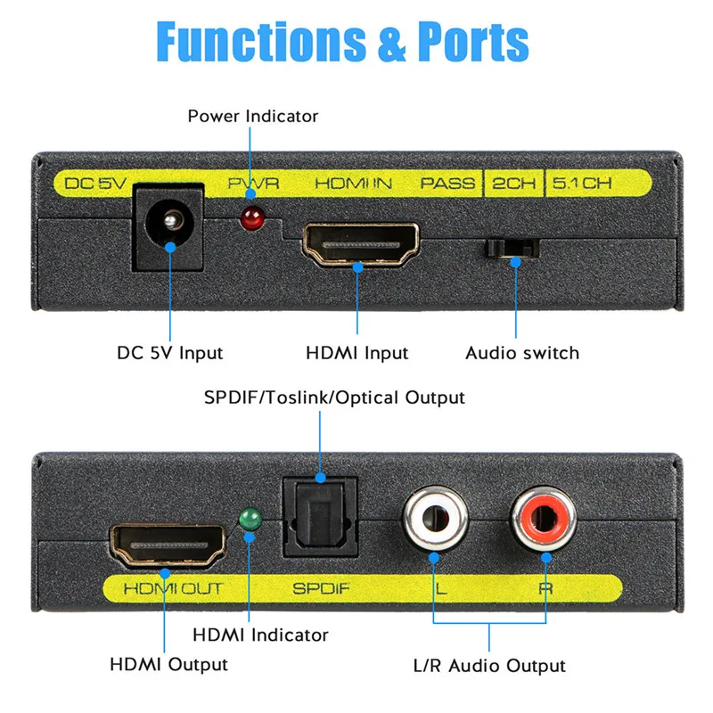 HDMI к HDMI оптический+ SPDIF+ RCA L/R преобразователь аудио сплиттер адаптер 1080P AC адаптер питания