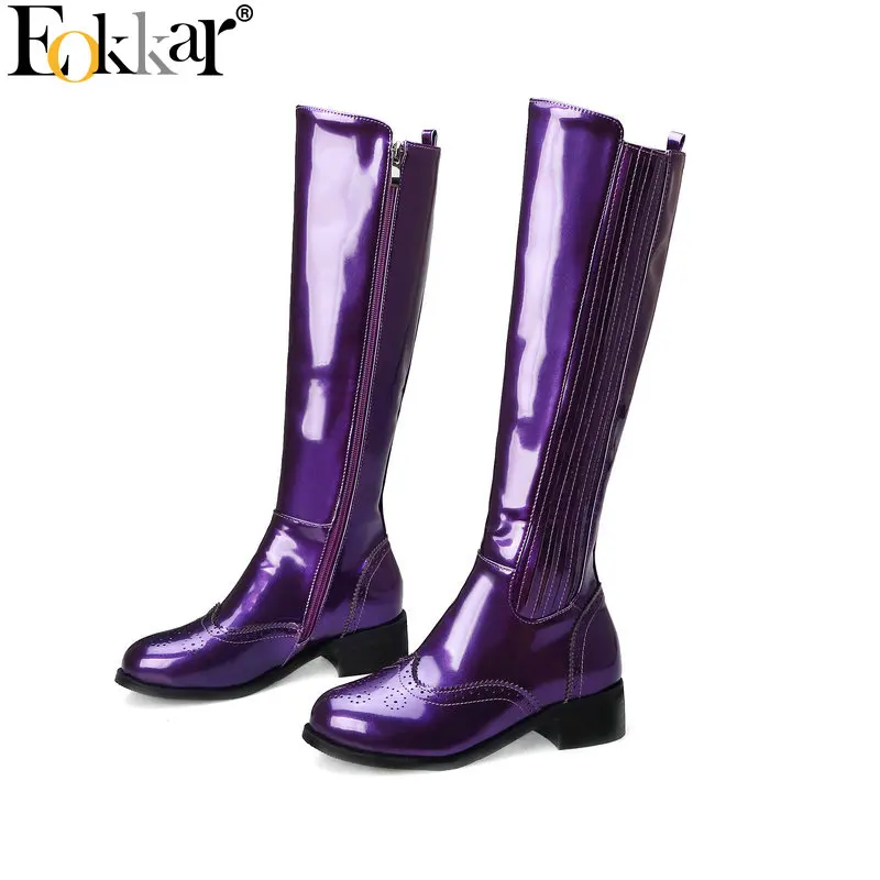 

Eokkar 2020 Women Knee High Boots Patent Leather Square Low Heel Elegant Round Toe Oxford Boots Winter Ladies Boot Size 34-43