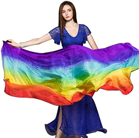 Women 100% Silk Veils Belly Dance Stage Performance 200cm 250cm 270cm Kids Adults Rainbow Light Silk Veils Customized 17 Color Colorful 7