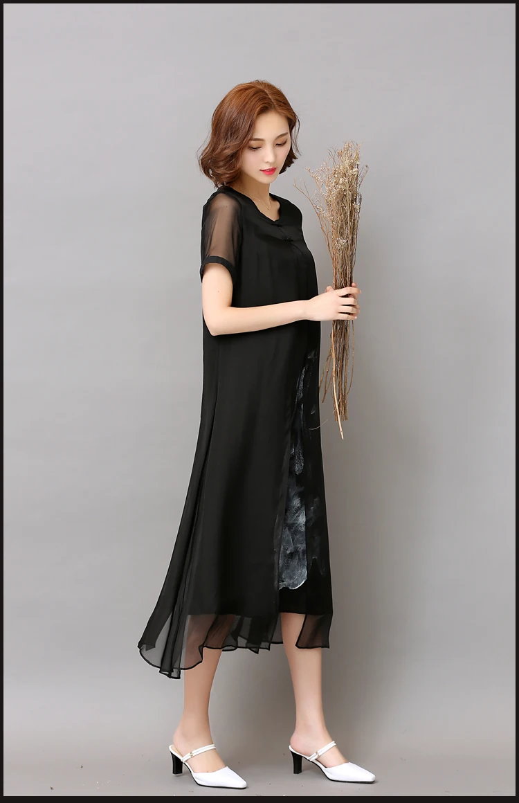 Large size M-3XL Add fertilizer to increase the new cotton and linen spell silk chiffon retro improved cheongsam dress