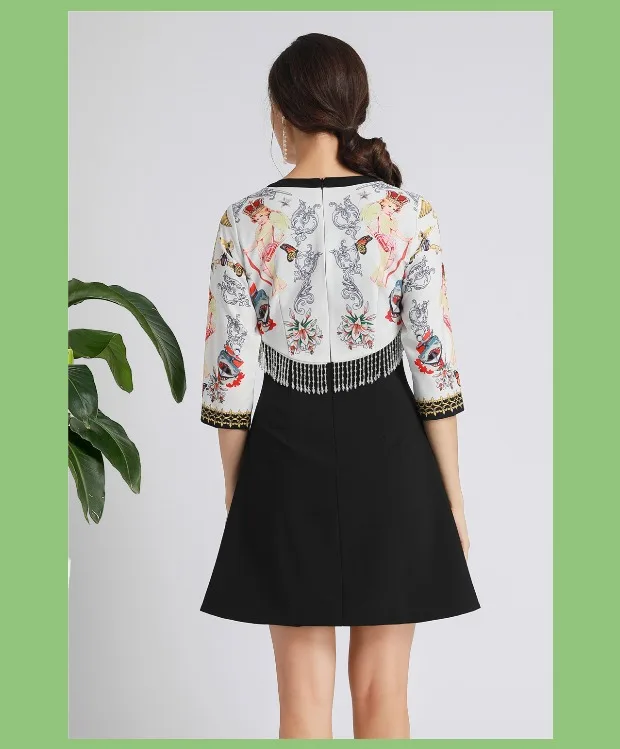 Модное новое осеннее платье moda feminina vestido de festa, рукав семь четвертей, шарф с принтом, украшенное бисером, кисточками, Черное мини-платье