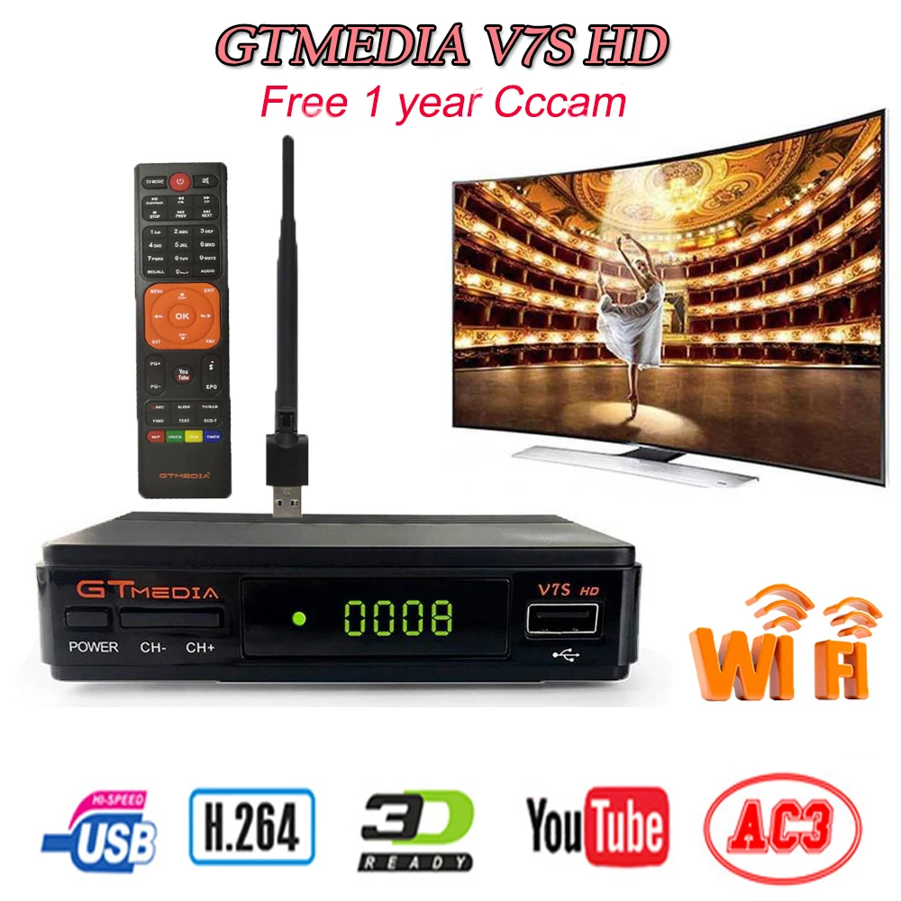 Satellite TV Receiver GTMEDIA V7S IFI av cable DVB-S2 HD Youtube PowerVU CCaam Newcamd Freesat v7s satellite receiver