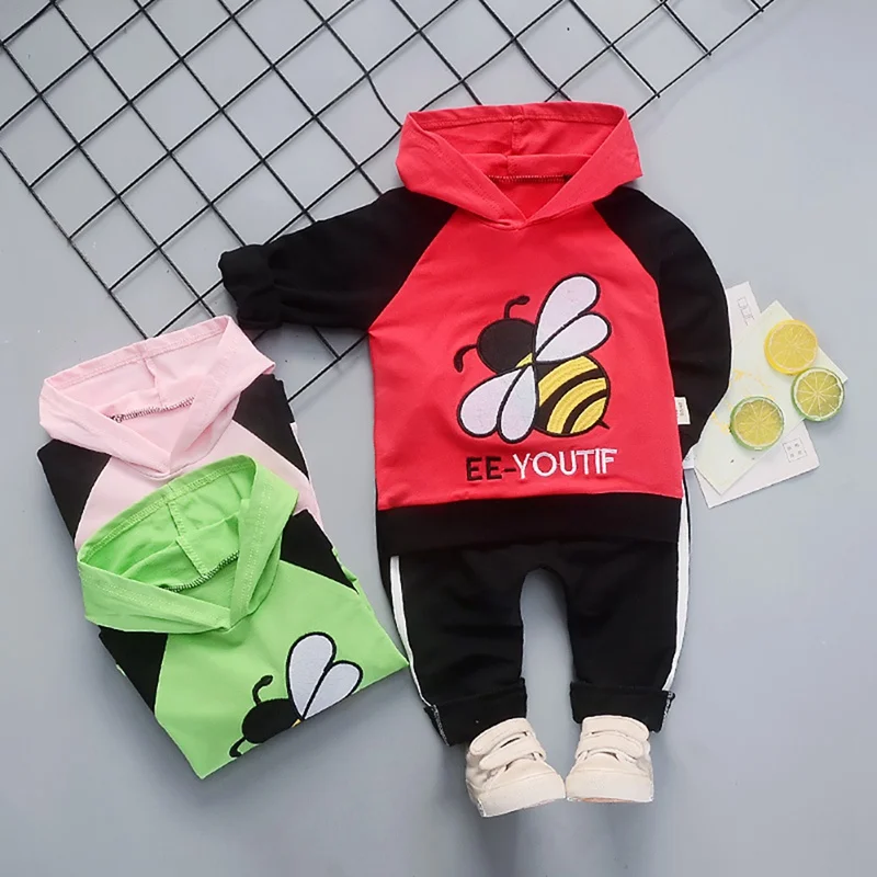 Autumn Children Suits Boys Girls Long Sleeve Bee Pattern Hoodie Sweatshirt Tops+Pants Trouser Costume Set 3Colors